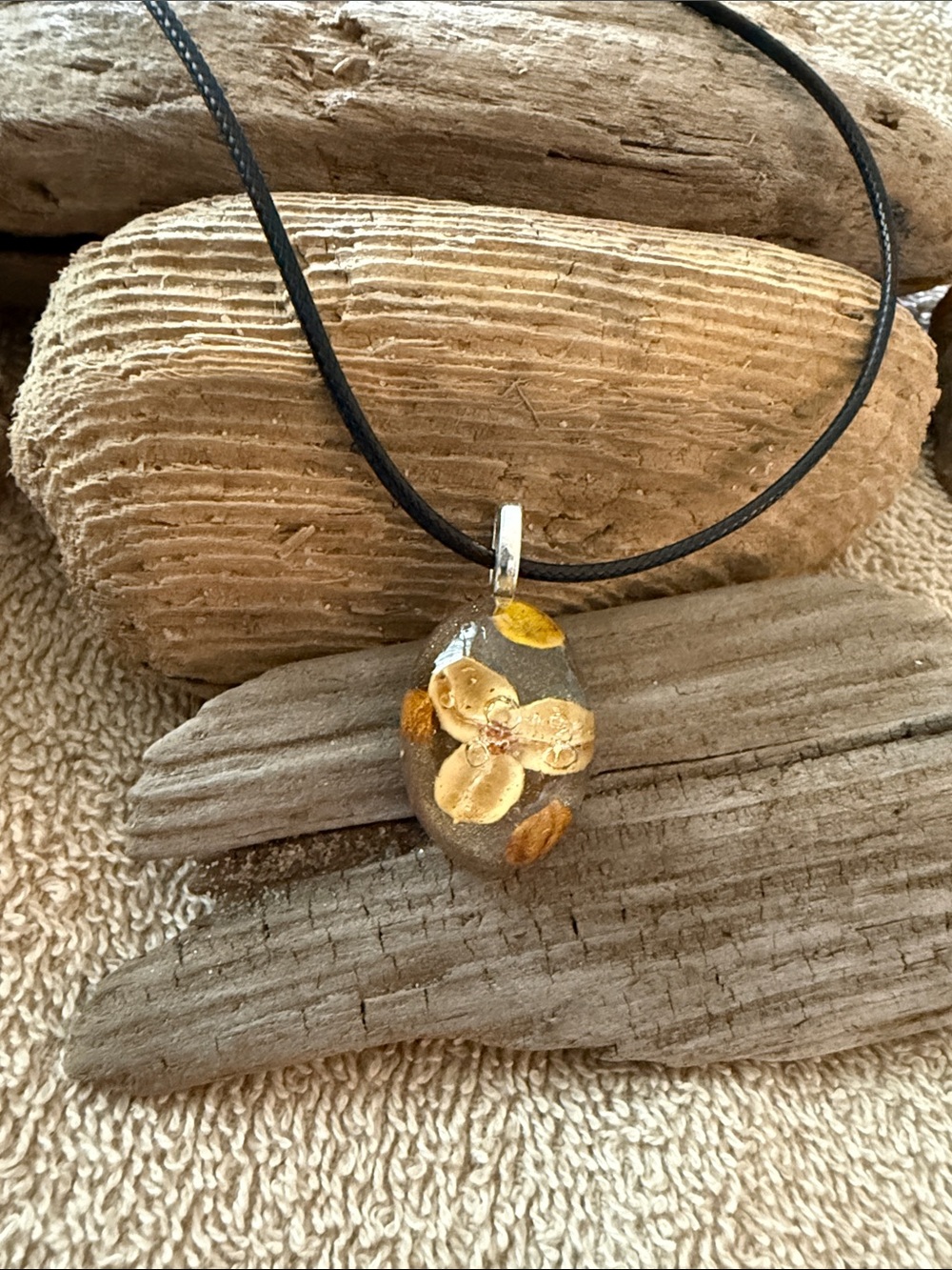 Hand Crafted Gold Floral Resin Pendant on Black Cord
